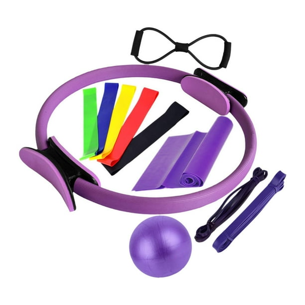 Juego de 11 aros y pelotas de pilates con bandas de resistencia para estiramientos Púrpura
