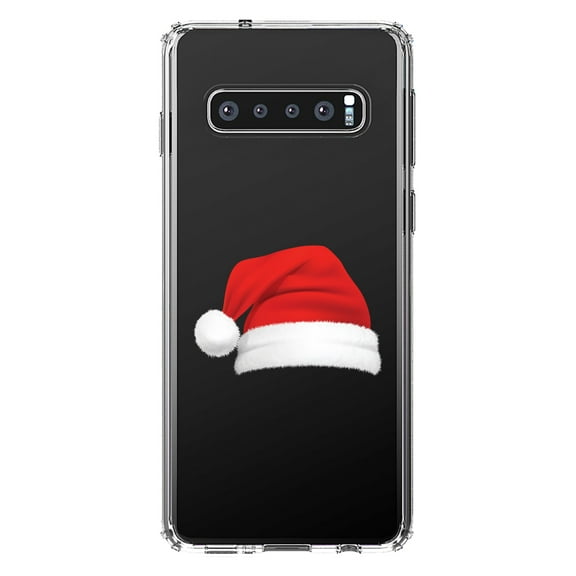 DistinctInk Clear Shockproof Hybrid Case for Samsung Galaxy S10  PLUS (6.4" Screen) - TPU Bumper Acrylic Back Tempered Glass Screen Protector - Realistic Santa Hat Christmas