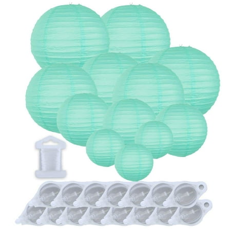 Just Artifacts Decorative Round Chinese Paper Lanterns 12pcs Assorted Sizes w/ 15pc LED Lights and Clear String (Color: