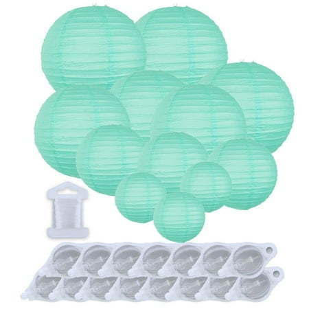 Paper Sky Lanterns Biodegradable Just Artifacts Decorative Round Chinese Paper Lanterns 12pcs Assorted Sizes w/ 15pc LED Lights and Clear String (Color: Seafoam) ()