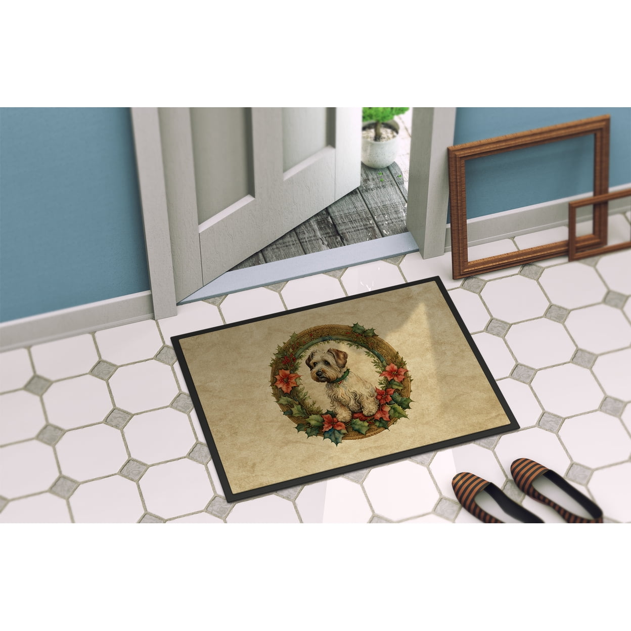 Sealyham Terrier Christmas Flowers Doormat 27 in x 18 in