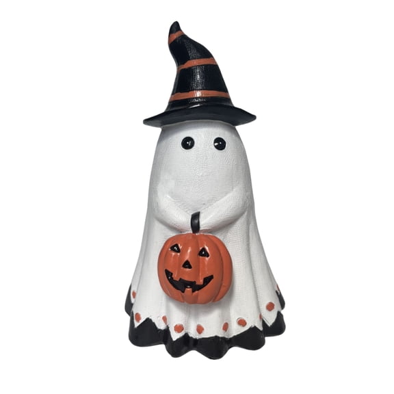 Halloween Ghost Resin Tabletop Figurine - Spooky Cute White Ghost Holding Pumpkin Decor with Witch Hat for Home Desk