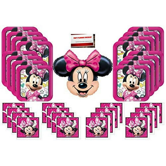 Disney Minnie Mouse Party Supply Bundle Pack for 16 Guests plus 14 Inch Balloon and Party Planning Checklist from Mikes Super Store