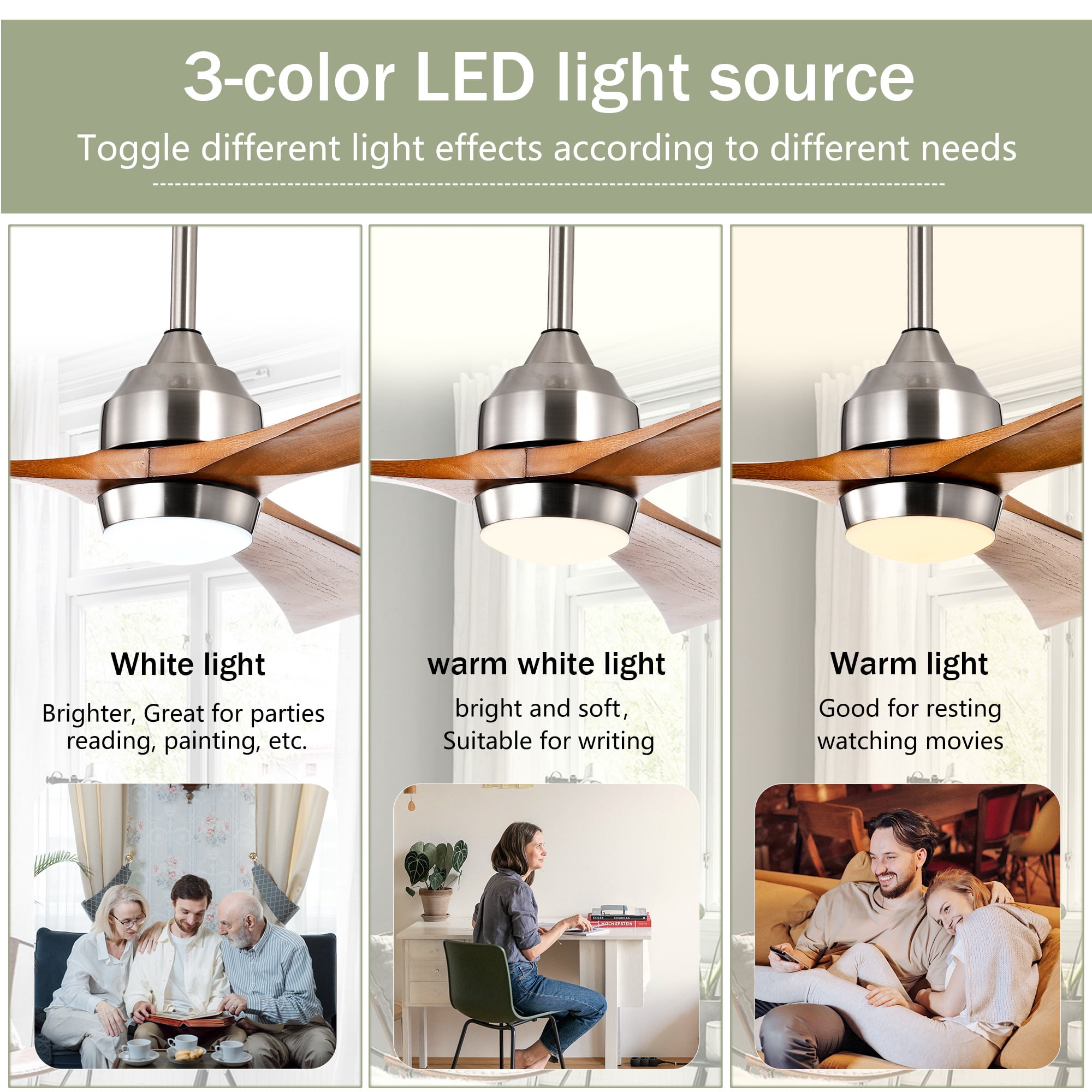 Leumius 52" Solid Wood Blades Ceiling Fan with Light and Remote Control,Quiet DC Motor 3 Blade Ceiling Fans 6 Speed Levels,Reversible for Patio Living Room Bedroom Office Nickel