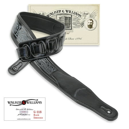 Hand Tooled Leather Guitar Straps Walker & Williams G-118 Black on Black Padded Guitar Strap with Embossed Tooling & Padded Glove Leather Back ()