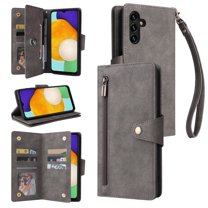 Feishell for Samsung Galaxy A13 5G Wallet Case with Wrist Strap,Premium PU Leather Zipper Pocket Magnetic Buckle Folio Flip ID Credit Card Slots Shockproof Kickstand Phone Case for Women Men,Gray