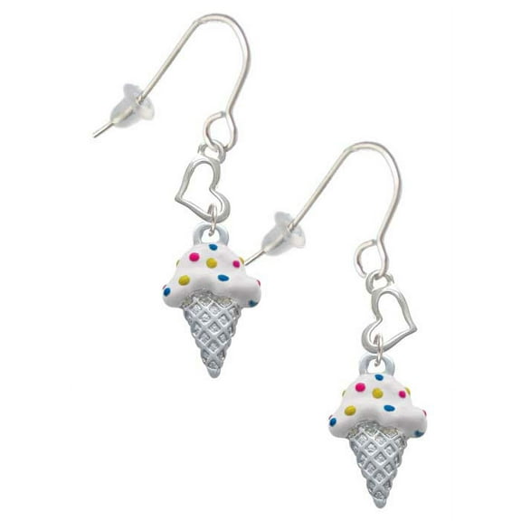 Silvertone 2-D Vanilla Ice Cream Cone with Sprinkles Heart French Earrings