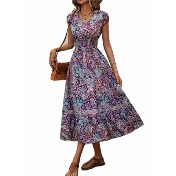 Women's Plus Size Printed V Neck Short Sleeve Midi Dress Frill Smocked Detail one hundred percent polyester fabric