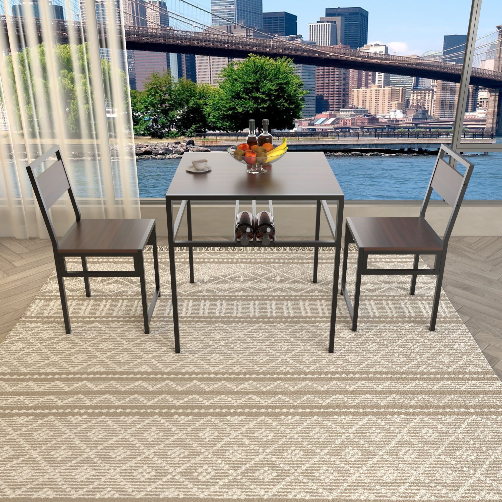 Industrial Dining Table Set with 2 Chairs, Small Square Kitchen Table with Storage Rack for Small Space Apartment