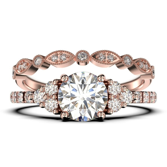 Beautiful Mid-century 1.75 Carat Round Cut Diamond Moissanite Engagement Ring, Wedding Ring in 10k Solid Rose Gold, 7 Stone Ring, Promise Ring, Anniversary, Bridal Set, Matching Band