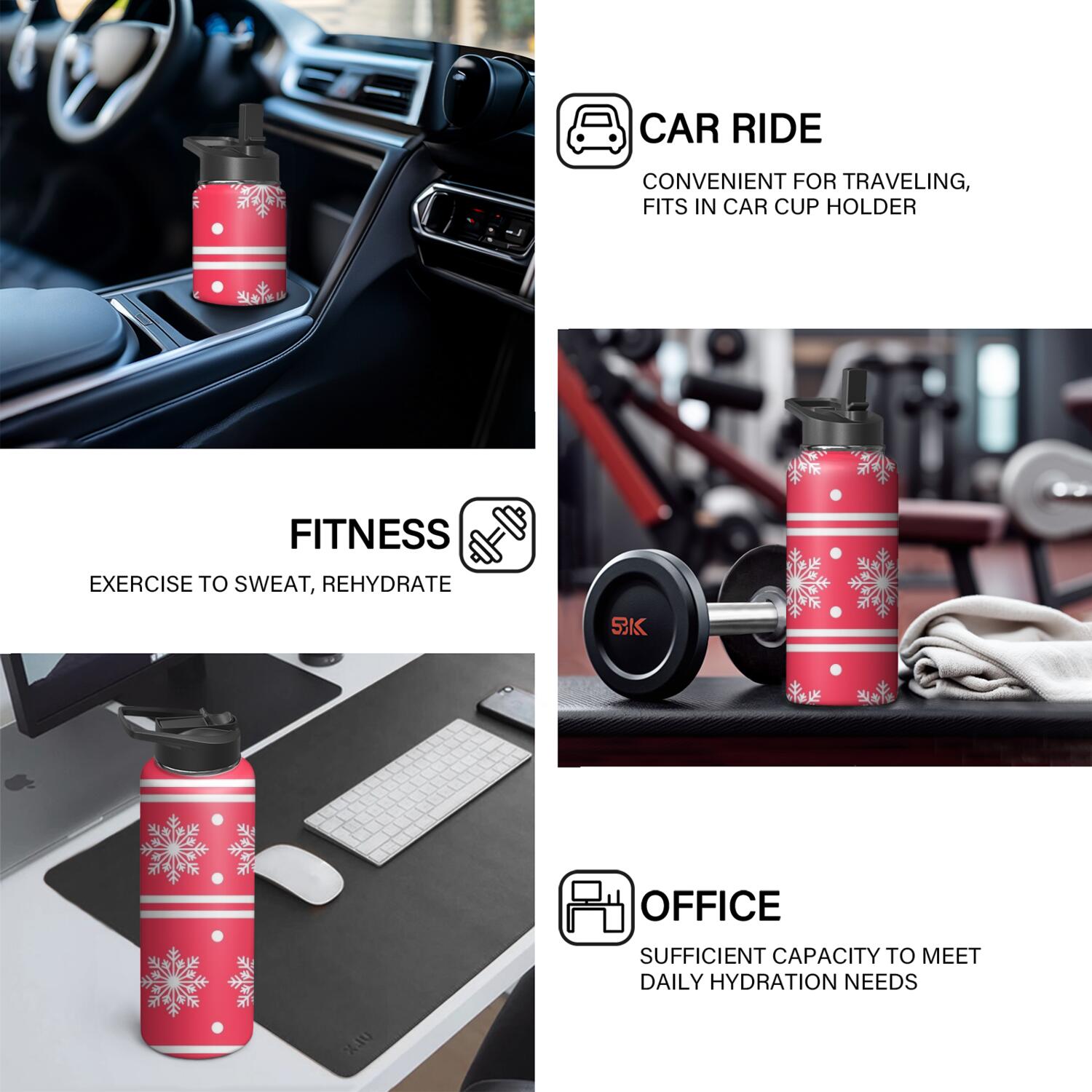 Christmas 18 oz Insulated Stainless Steel Water Bottle with Straw & Cleaning Brush , Leakproof, BPA-Free, 304 Stainless Steel, Wide Mouth, Travel Mug for Car, Gym, Office