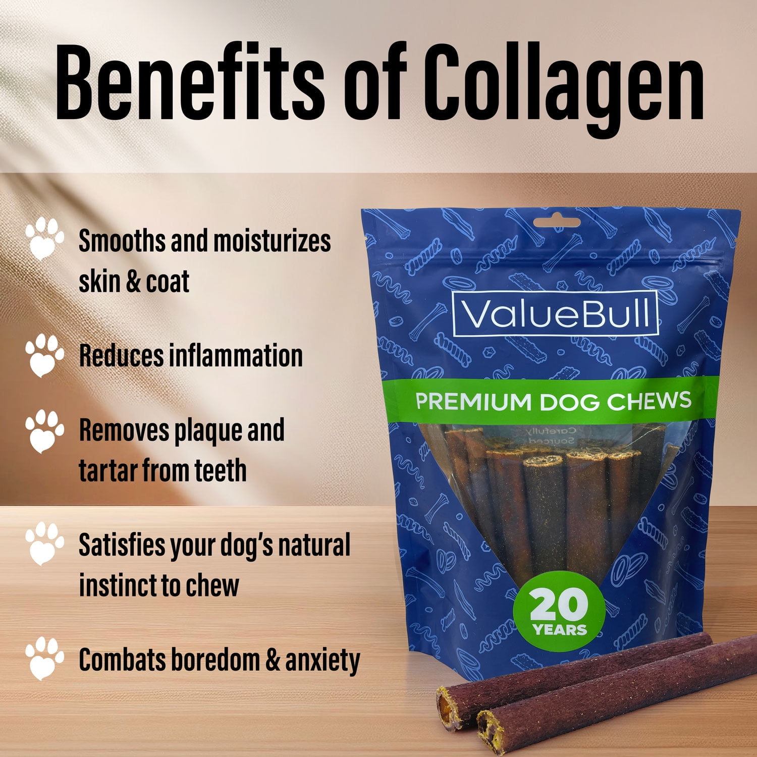 ValueBull Collagen Sticks for Dogs, 6 Inch Medium Chews, Natural Long-Lasting Dog Treats, 100 Count Bulk Pack