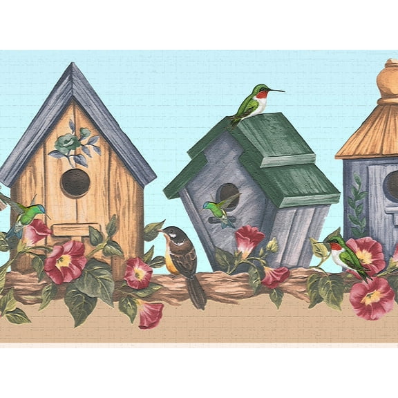 Dundee Deco's Peel and Stick Wallpaper Border - Nature Red Blue Green Birds on a Vine Wall Border Retro Design, 15 ft x 7 in, Self Adhesive