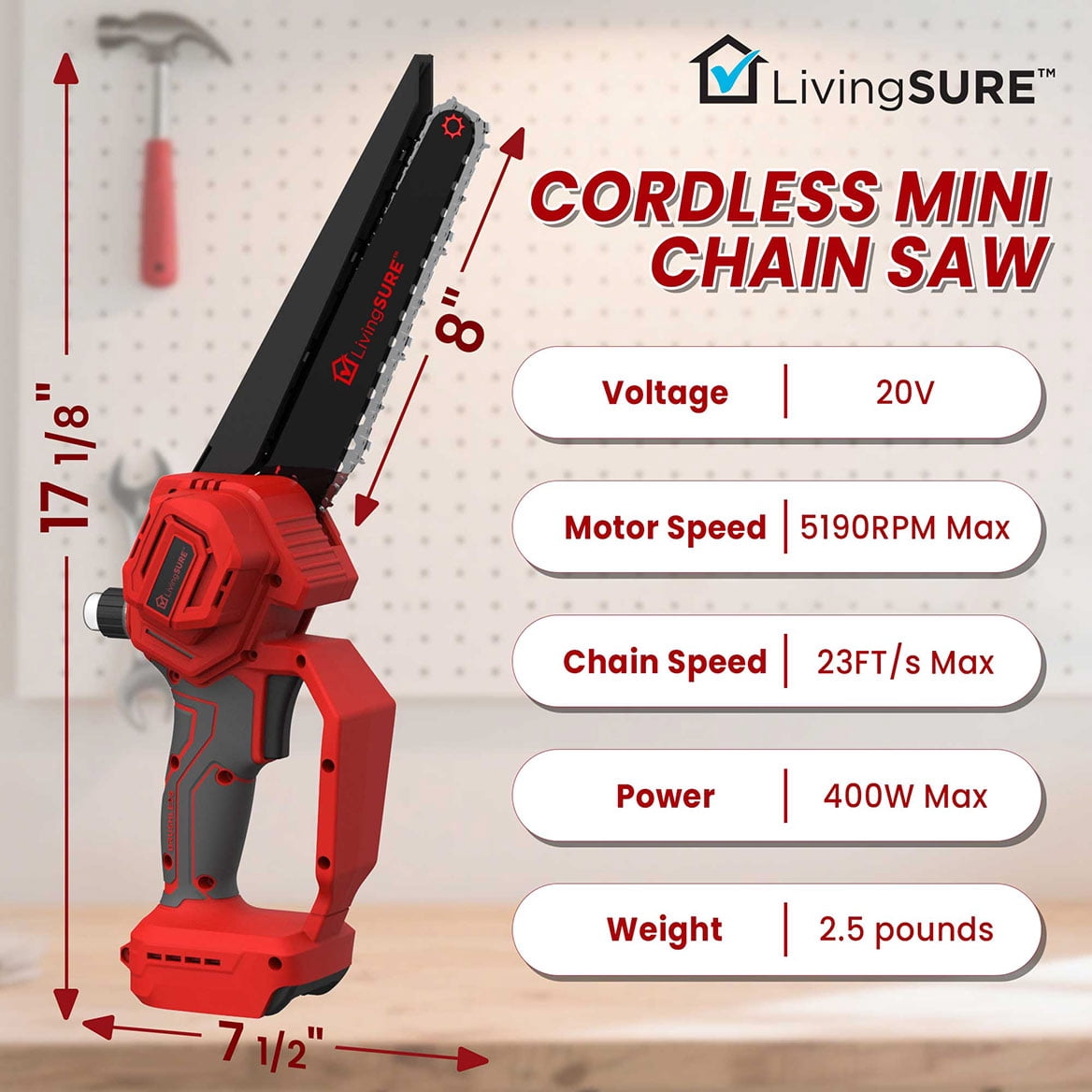 8" Cordless Mini Chainsaw by LivingSURETM Portable Cordless Electric Chain Saw, Rechargeable Battery Power Cutting Handheld Saw -Tree Branch Wood Cutting, Gardening Tool – Battery Not Included
