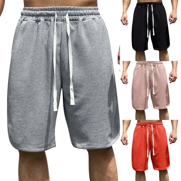 RYDCOT Mens Waffle Knit Gym Shorts | Mid Weight Fleece Jogger Sweat Shorts|Drawstring & Pockets Pink