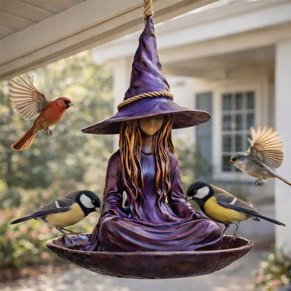 Meditating Witch Hanging Bird Feeder, Outdoor Garden Suspended Seeds Tray, Themed Wild Bird Food Holder, Decorative Yard Ornament Attracting Backyard Songbirds