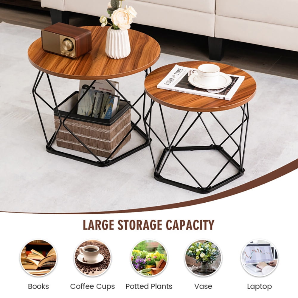 Finihen Coffee Table, Round Coffee Table, Set of 2 Modern Round Coffee Table with Pentagonal Steel Base, for Living Room, Reception Room, Rustic Brown Finihen Coffee Table, Round Coffee Table, Set of 2 Modern Round Coffee Table with Pentagonal Steel Base, for Living Room, Reception Room, Rustic Brown