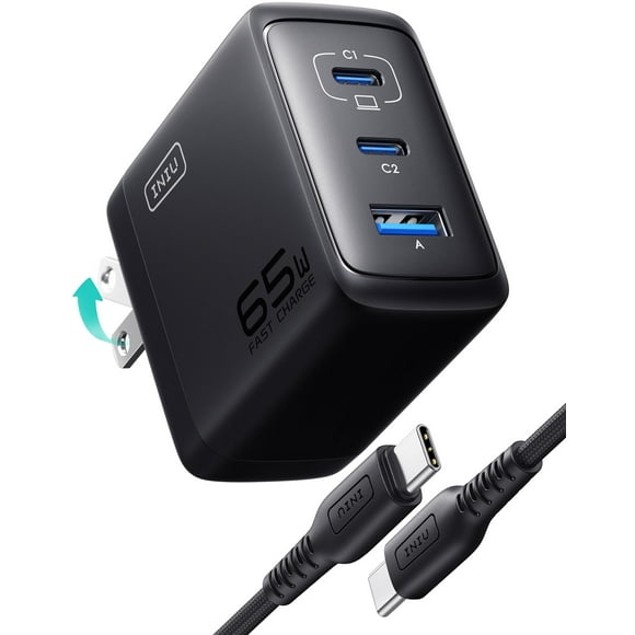 Cargador USB C INIU 65 W PD de 3 puertos para MacBook Pro/Air, Dell XPS