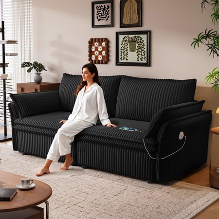 FFZ 85 inch Convertible Sofa Bed with Plush Fabric and Two-in-One Design for Living Room, Black