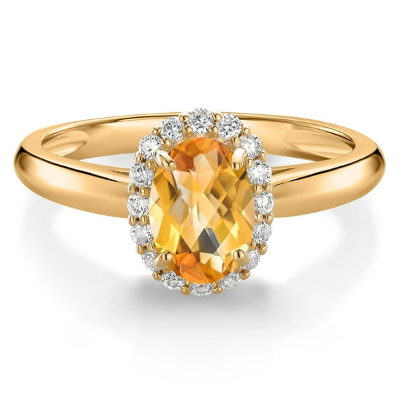 Gem Stone King 10K Yellow Gold Yellow Citrine and White Lab Grown Diamond Halo Engagement Ring for Women (0.85 Cttw, Gemstone November Birthstone, Oval Checkerboard 7X5MM, Size 5)