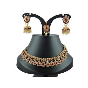 Rhinestone Gold Plated Choker Indian Bollywood Fashion Style Wedding & Bridal Jewelry Set