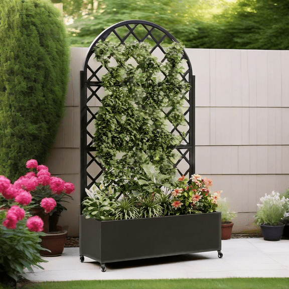 Round Metal Flower Box with Trellis, Raised Planter with 4 Wheels, Trellis and Privacy Screen for Climbers, Vegetables, Vines, Perfect for Patio.