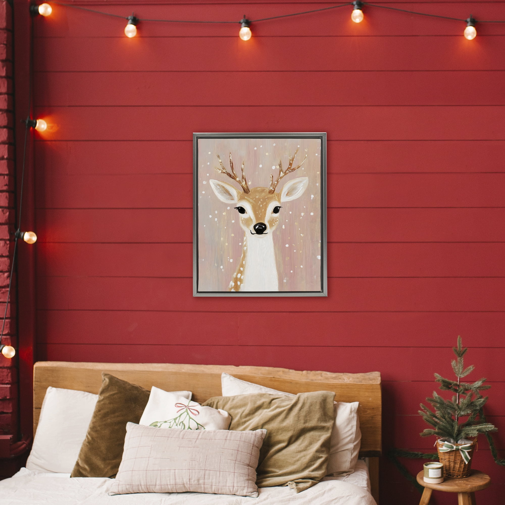 Stupell Industries Blush Pink Deer with Snowflakes Gray Framed Floater Canvas Wall Art, design by The Prints Vibe