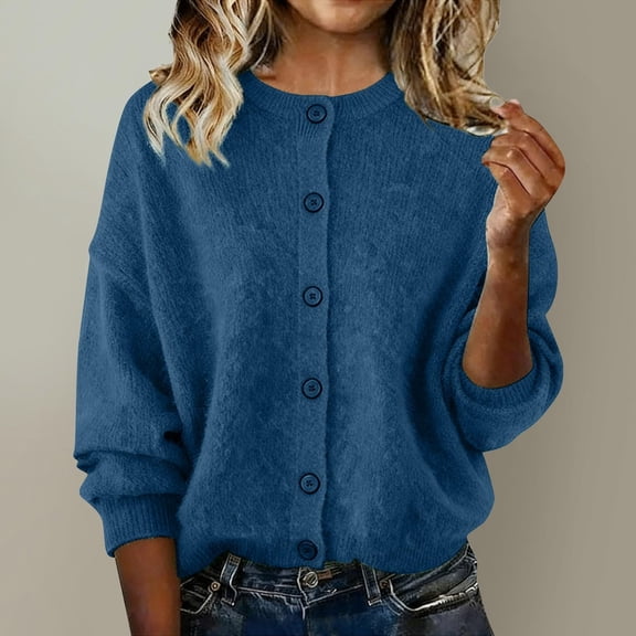NTACZA Sweaters for Women Slim Fit Thicken Blue Button Down Sweater Cardigan Crew Neck Thermal Jumpers for Women L