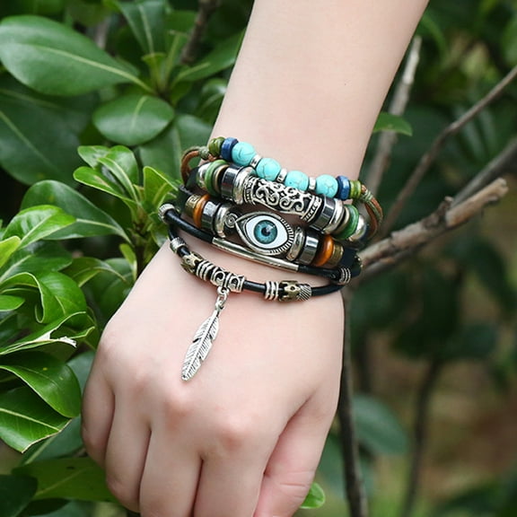 Eosunjian Ethnic Style Bracelet Blue Eye Alloy Feather Pendent Multilayer Beaded Wristband Women Men Bracelet Jewelry Accessories Gift Blue