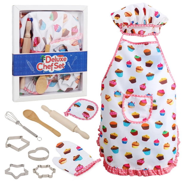 Regalos populares para niños de 2 a 8 años, conjunto de disfraz de chef para niños, delantal para niñas, gorro y delantal de chef para niños pequeños, juguetes de cocina, regalos de cumpleaños y Navidad para niños, calcetines para niños pequeños. JM