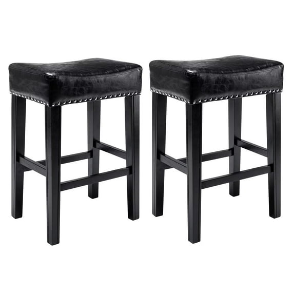 Sweiko Faux Leather Bar Stool Set of 2 with Saddle Seat Counter Height Kitchen Chair with Nailhead Backless Padded Dining Chair with Footrest for Home Kitchen Island Pub Restaurant 26" Black