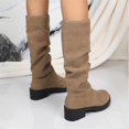 thumbnail image 2 of Khaki Ladies Mid Calf Boots Chunky Heel Pleated Bootlegs Soft Suede Thick Anti Slip Textured Sole Fall Winter Casual Light Wear Size 42, 2 of 5