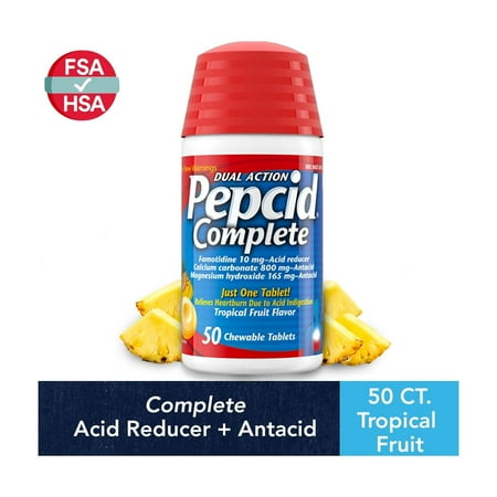 Pepcid Complete Acid Reducer + Antacid Chews, Tropical Fruit, 50 Count