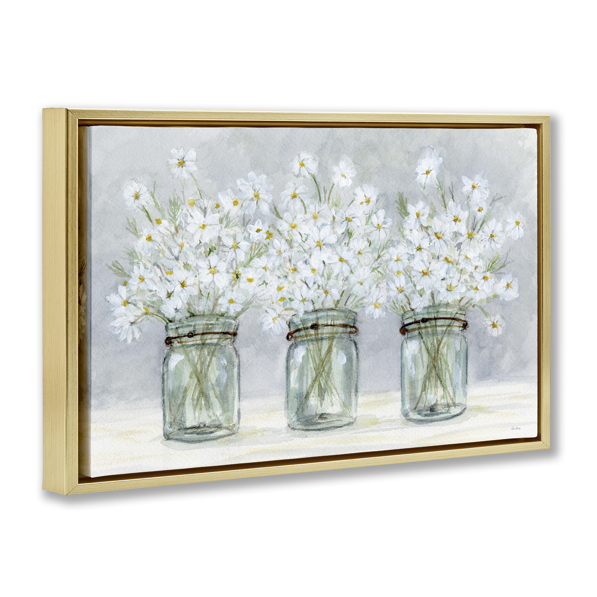 Stupell Industries Daisies In Jars Botanical & Floral Painting Gold Floater Framed Art Print Wall Art, 25 x 17