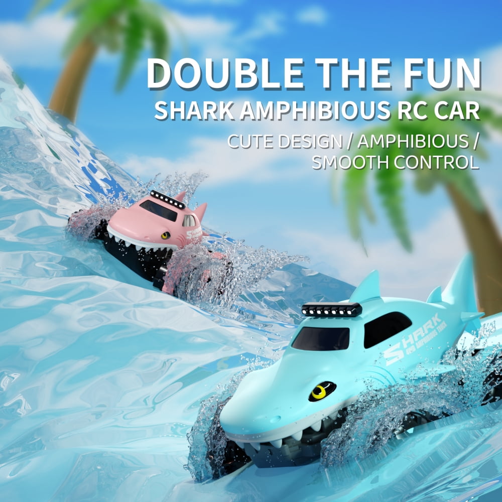 Aezusy RC Car Toy for Kids 2.4GHz Amphibious RC Monster Truck Rechargeable Waterproof Remote Control Shark Toy Gift with LED Lights for Boys Girls, Blue