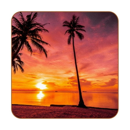 

OWNTA Sunset Tropical Beach Palm Tree Pattern Premium 6-Piece Square Coaster Set in Microfiber Leather - Non-Slip & Absorbent Cup Mats