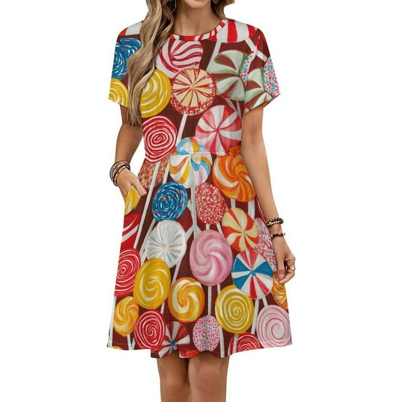 Candy Pattern Rainbow Lollipop Short Sleeve Dress Women Summer Evening Dresses Ladies Sundress