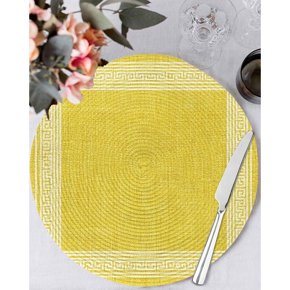 13 Inch Round Placemats Set of 6, Yellow Retro Greek Key Non Slip Heat Insulation PP Table Mats, Geometric Greece Ancient Rustic Washable Place Mats for Kitchen Dining Party Table Decor