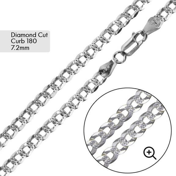Sterling Silver 925 Pave Curb 180 Diamond-Cut Chain 7.2mm Made in Italy 18" Jewelry Female Unisex
