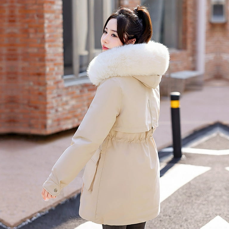 Womens Puffer Jacket Chunky Fur Collar Hooded Parka Jacket Warm Winter  Coats Padded Coat With Pocket