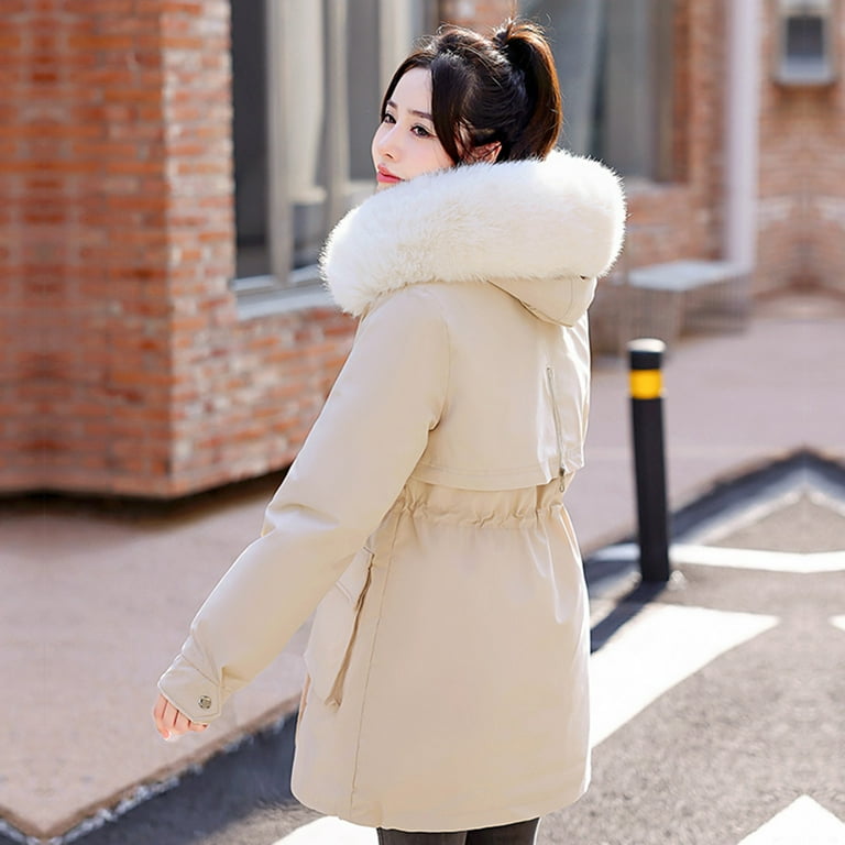 Womens Puffer Jacket Chunky Fur Collar Hooded Parka Jacket Warm Winter  Coats Padded Coat With Pocket