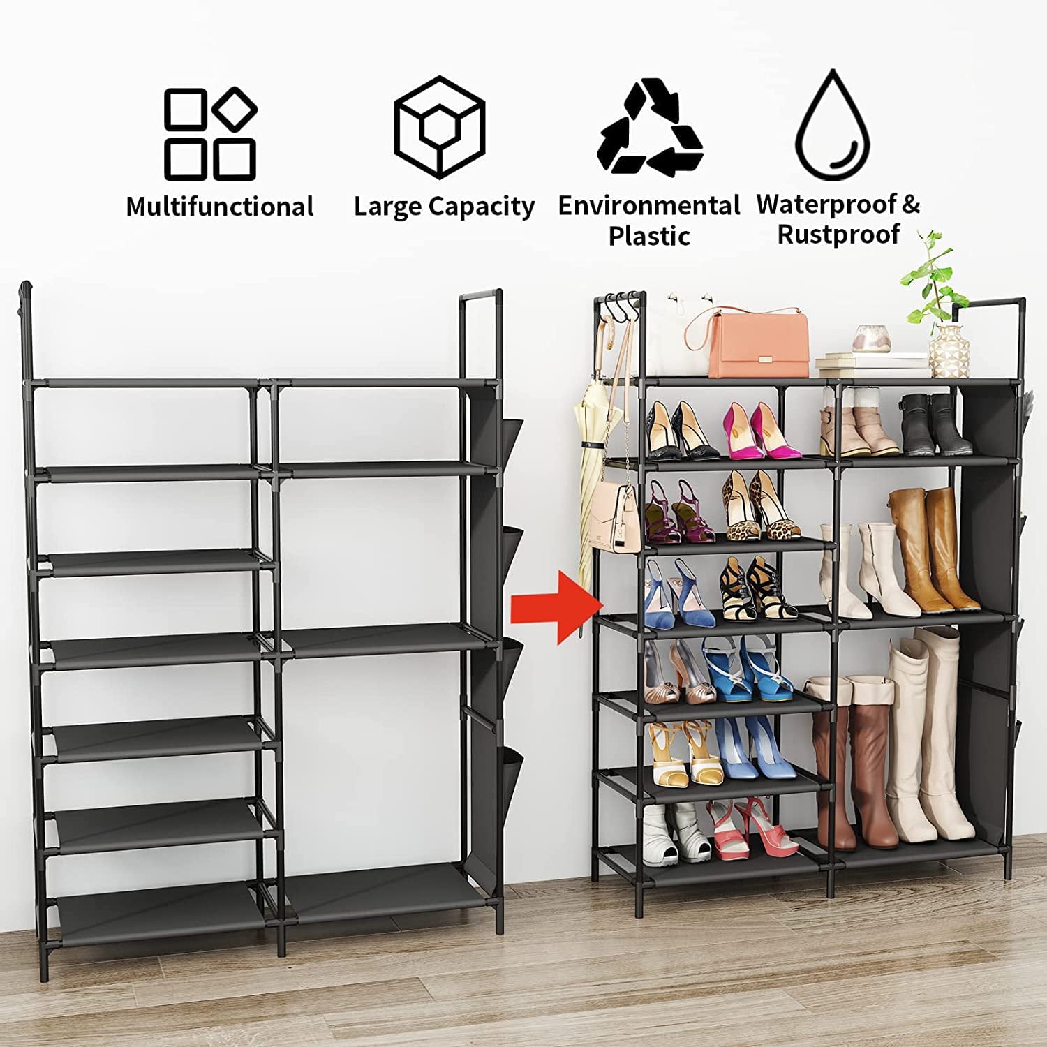 Werseon 7 Tiers Shoe Rack 18-24 Pairs Stackable Boots Shoe Storage Organizer  for Entryway with Side Pocket, Black 