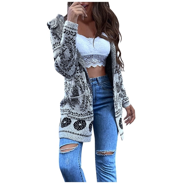 Chandail d'Automne et d'Hiver pour Femmes Imprimé à Capuche Manches Longues Veste Cardigan Ethnique Rétro