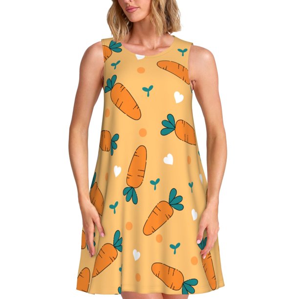 Easygdp Love Carrot para Vestido Transpirable de Mujer, Vestido Suelto de Manga Corta con Pliegues y Bolsillos para el Verano