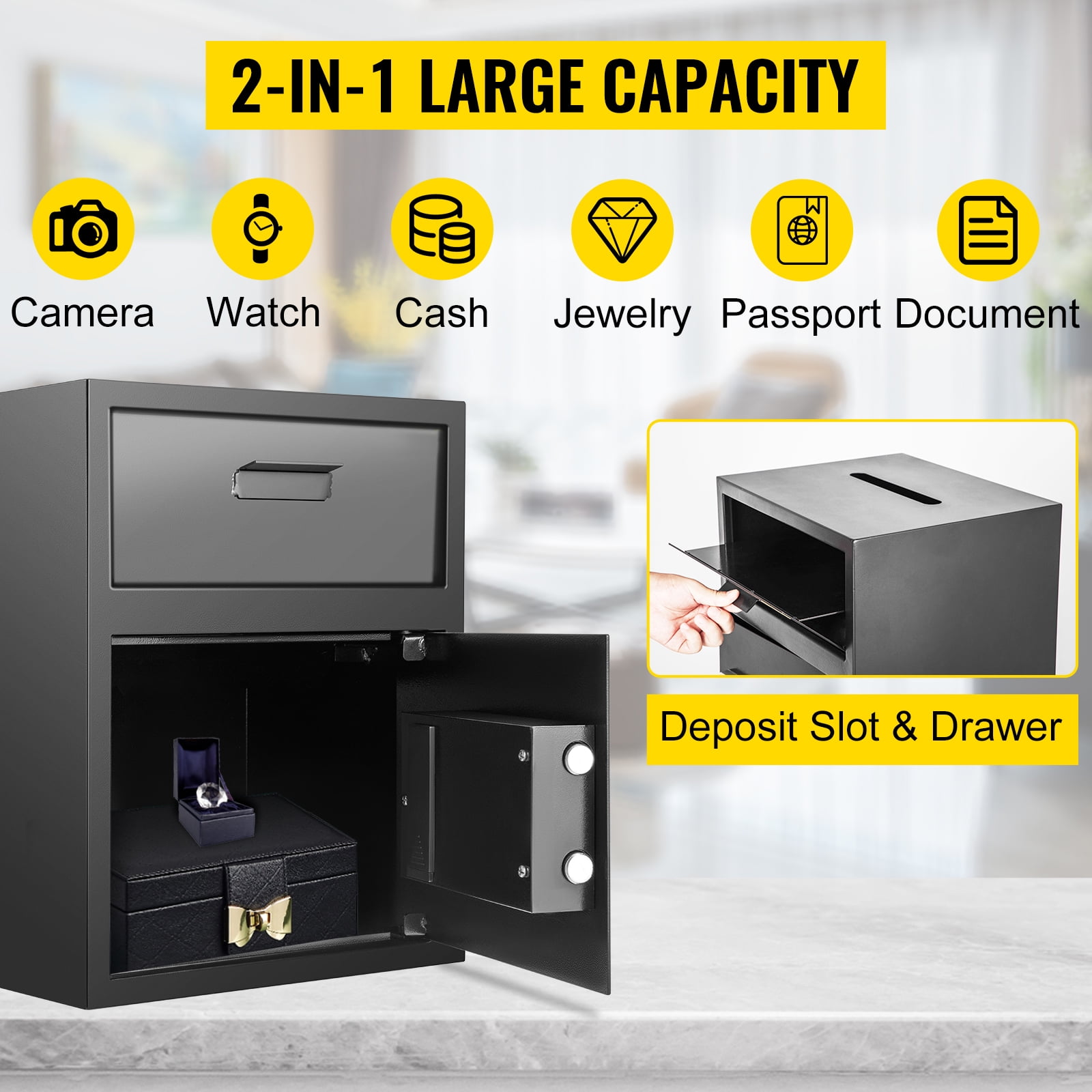 KFFKFF Carbon Steel Digital Safe - 1.7 Cubic Feet, Electronic Code Lock, Deposit Slot, Two Backup Keys, Ideal for Home, Hotel, Restaurant, Office