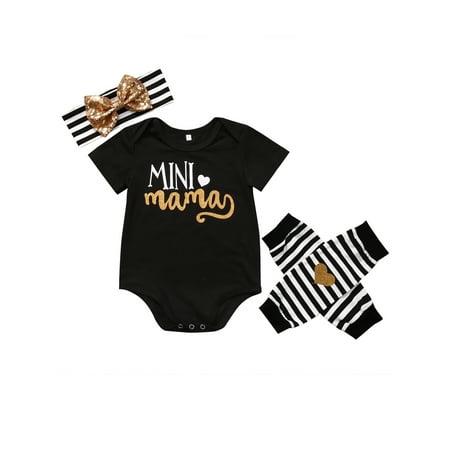 

Baby Girls Mini Mama Letter Short Sleeve Romper+ Striped Socks + Headband Set