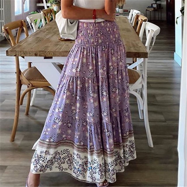 Fankiway Mode Femme Confortable Quotidien Taille Haute Imprimé Rétro Longue Jupe Grande Taille Jupes Été Femmes