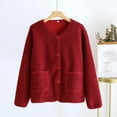 thumbnail image 2 of jtjvou Women Fuzzy Fleece Jacket Pajama Tops V-Neck Button Down Sleepwear Long Sleeve Plush Warm Winter Coat with Pockets Red XL, 2 of 3