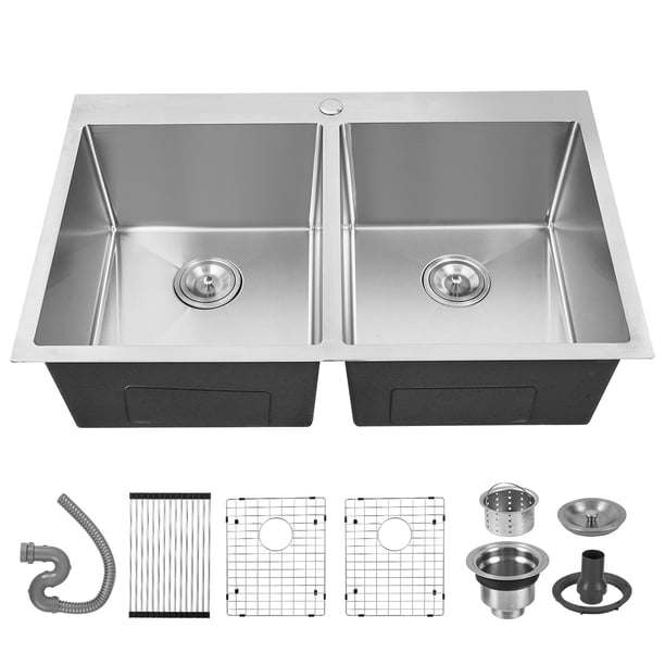 Yeshouse Fregadero de cocina de 33 x 22 pulgadas, montaje superior, doble estación de trabajo en acero inoxidable T-304 50/50, tipo granja de calibre 16, con coladores y accesorios
