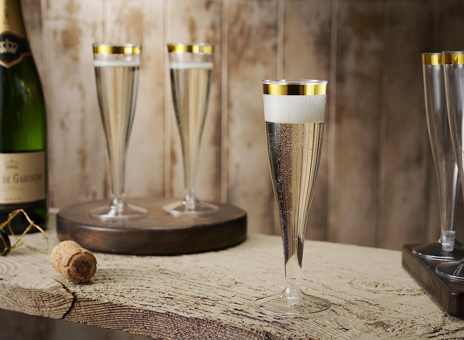 50 Pack Gold Rimmed Plastic Champagne Flutes 5 Oz Clear Plastic Toasting Glasses Fancy Disposable Wedding Party Cocktail Cups with Gold Rim